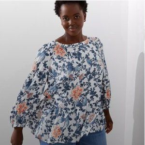 LOFT Blue Floral Peplum Blouse Size M Long Sleeve NWT